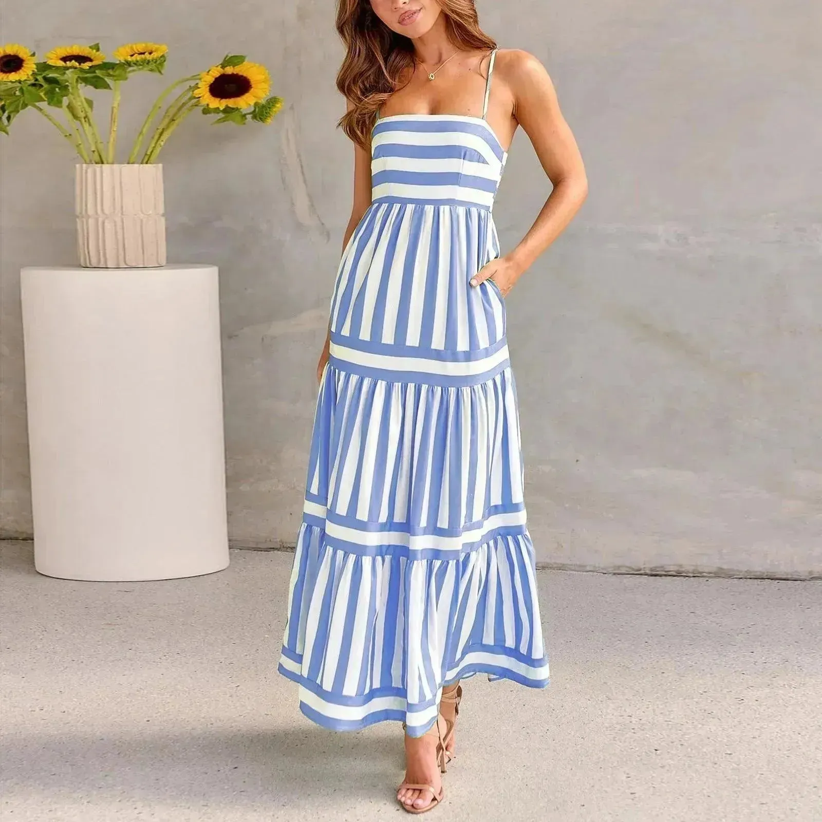 Summer Striped Printed Suspender Long Dress With Pockets Fashion Square Neck Backless Dresses For Beach Vacation Women Clothing