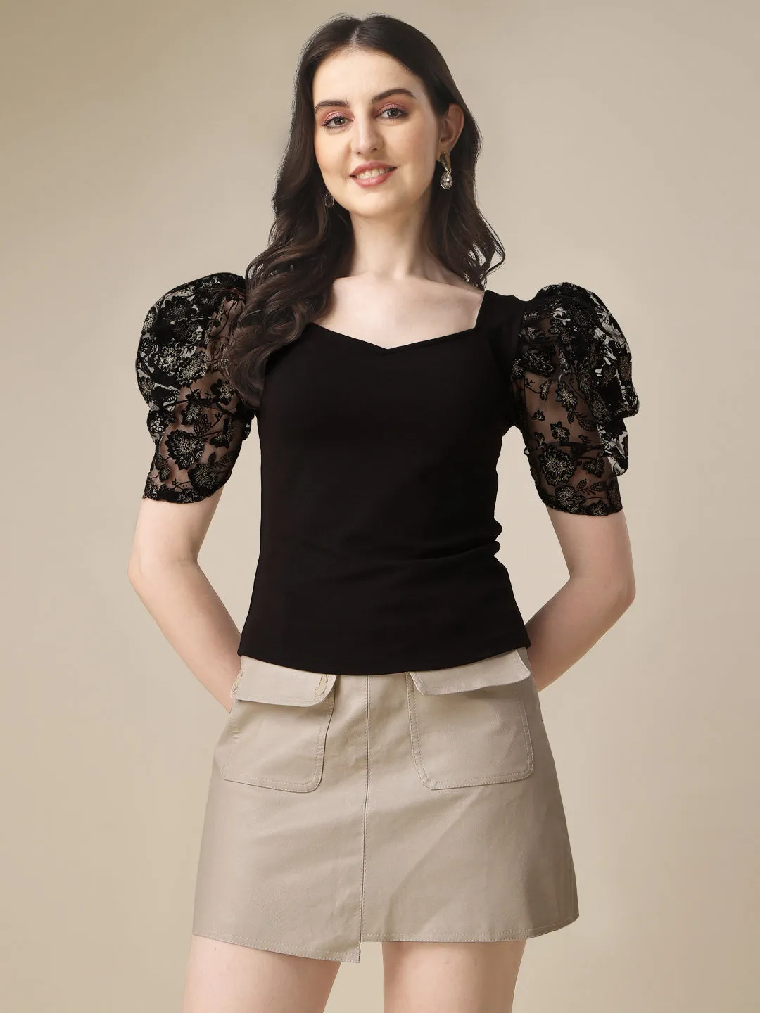 Sweetheart Neck Puff Sleeve Polyester Fitted Crop Top