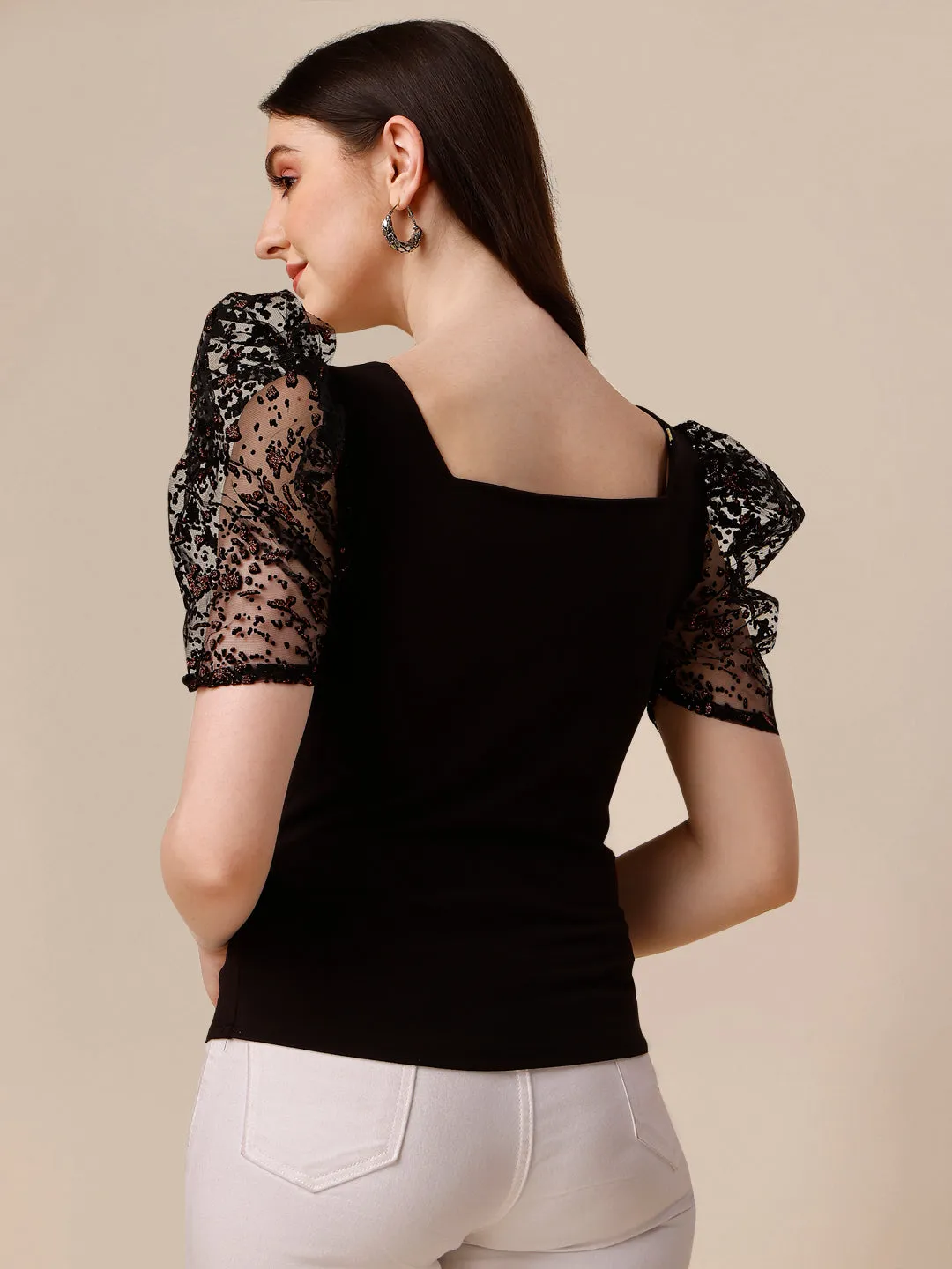 Sweetheart Neck Puff Sleeve Polyester Fitted Crop Top