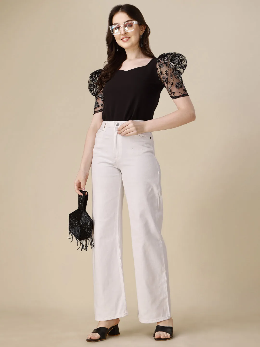 Sweetheart Neck Puff Sleeve Polyester Fitted Crop Top