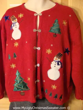 Tacky Red Christmas Sweater Party Ugly Sweater with Snowmen and Christmas Trees and Nordic Style Clasps (f865)