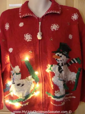 Tacky Ugly Christmas Sweater Skiing Snowmen with Lights  (g108)