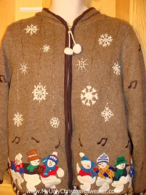 Tacky Ugly Christmas Sweater with Hood. Two Sided Design with Dancing Snowmen (f347)