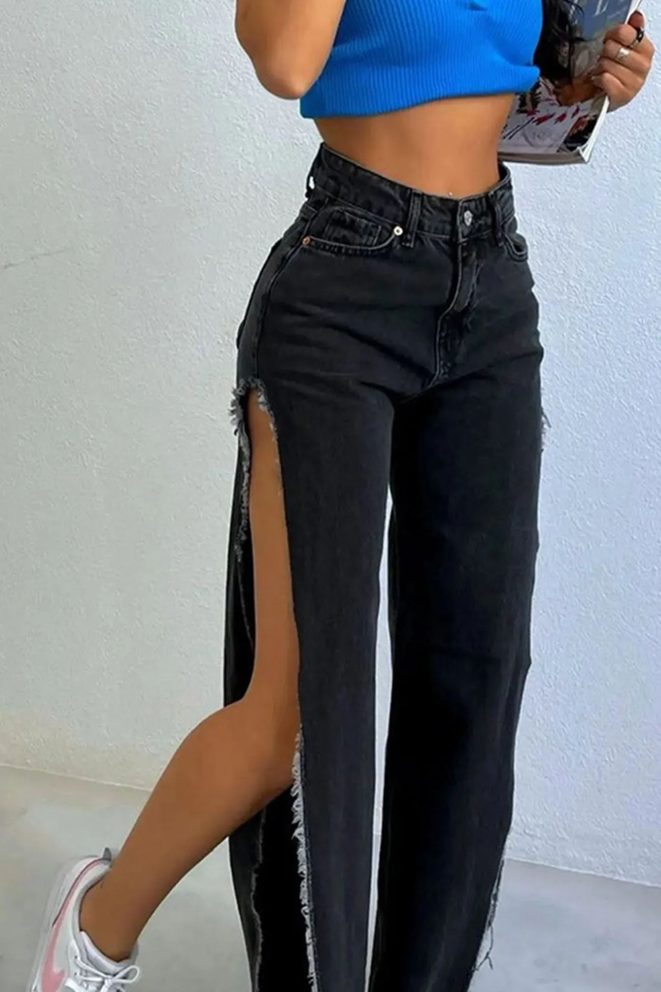 TastyHottie - High Waist Solid Color High Slit Jeans