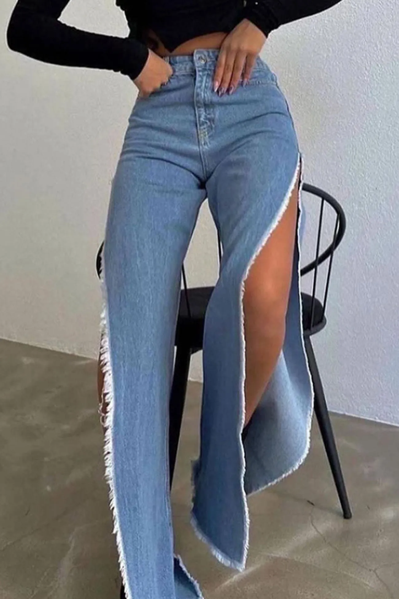 TastyHottie - High Waist Solid Color High Slit Jeans