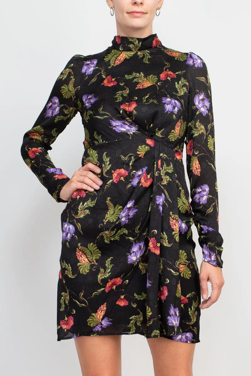 Taylor high neck long sleeve pleated side floral print chiffon crepe dress