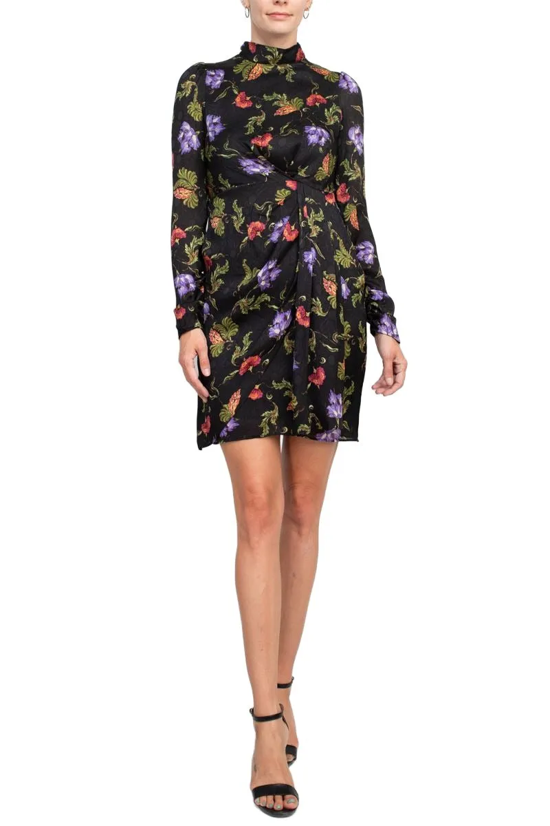 Taylor high neck long sleeve pleated side floral print chiffon crepe dress