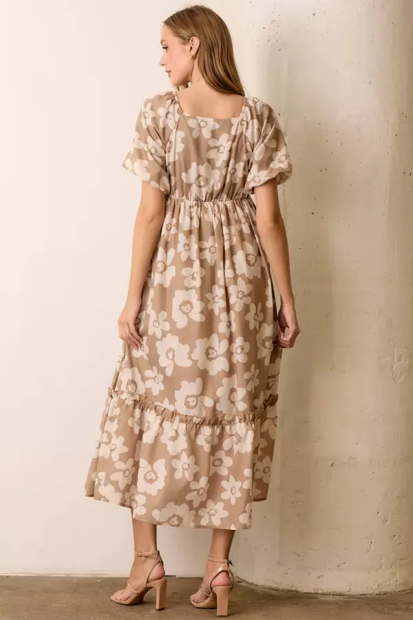 The Keli Floral Print Maxi Dress in Taupe