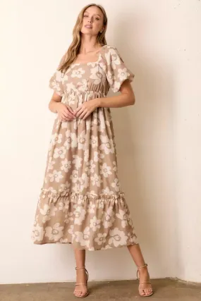 The Keli Floral Print Maxi Dress in Taupe