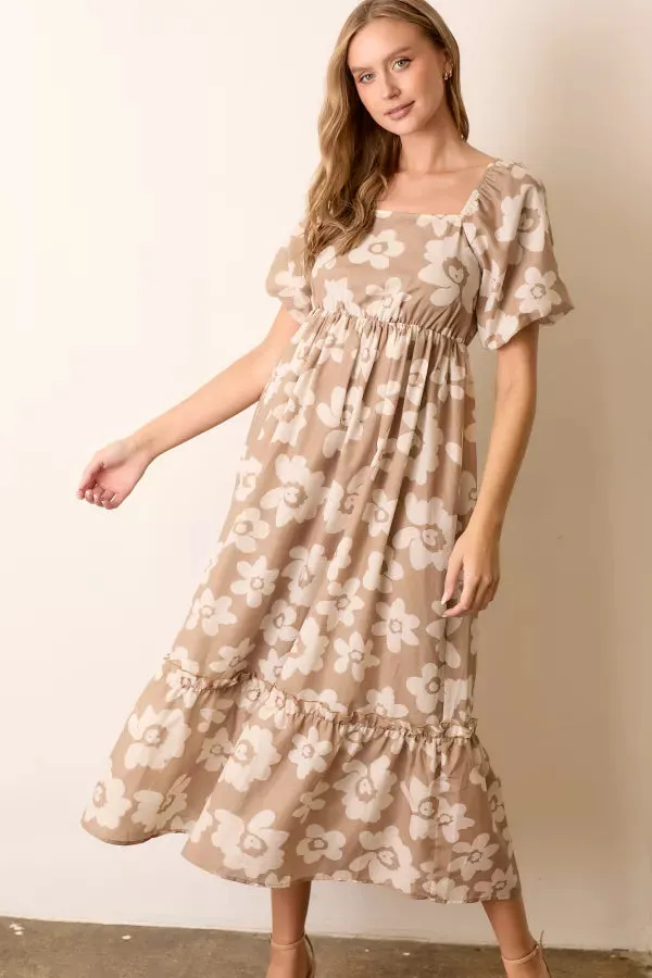 The Keli Floral Print Maxi Dress in Taupe