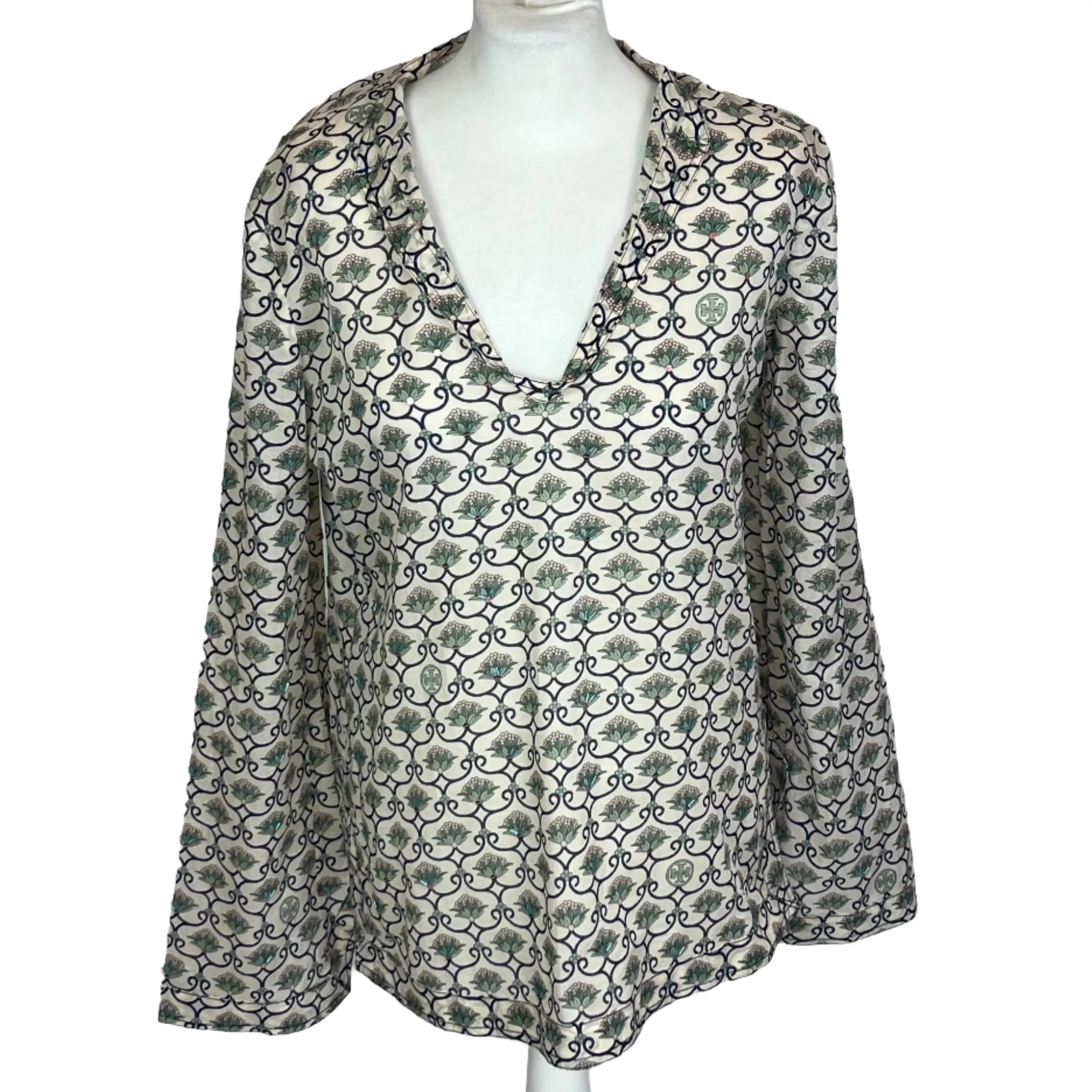 Tory Burch Ecru Embellished Cotton Tunic Top L