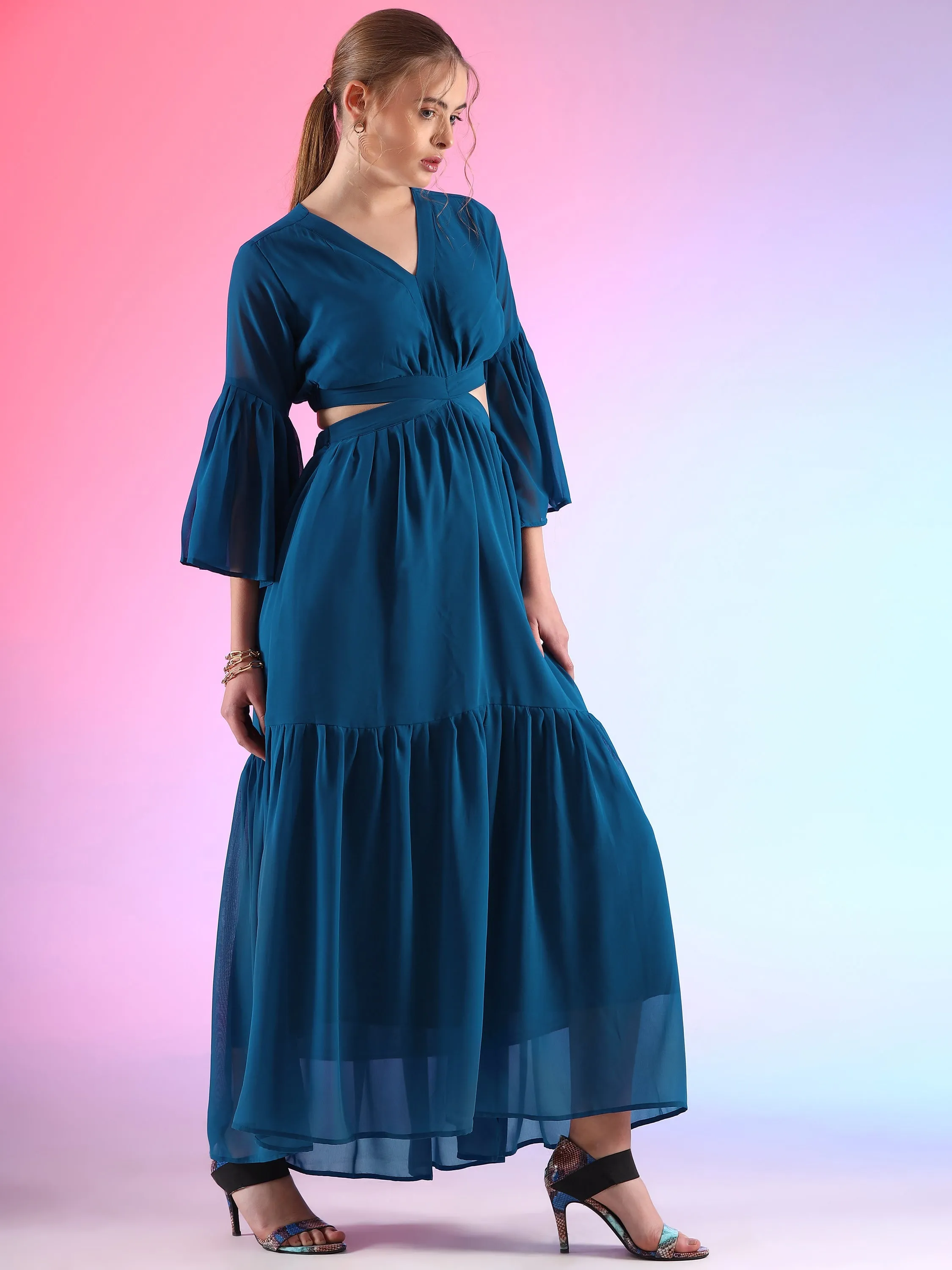 Trendset Solid Georgette Fit and Flare Waist Cut out Maxi Dress