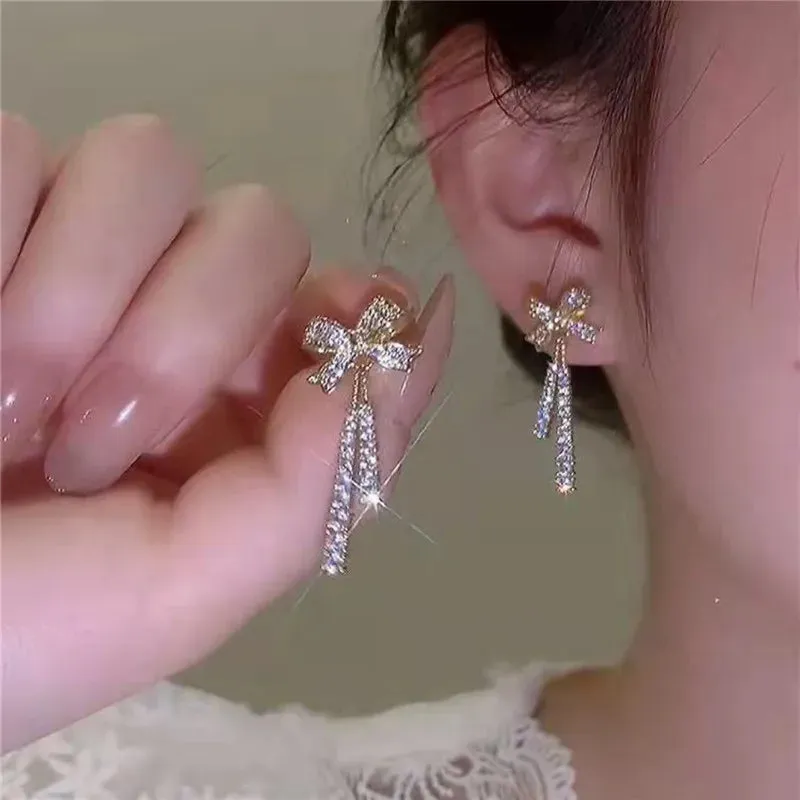 Trendy Bow Crystal Luxury Sparkling Cubic Zirconia Long Korean Earring