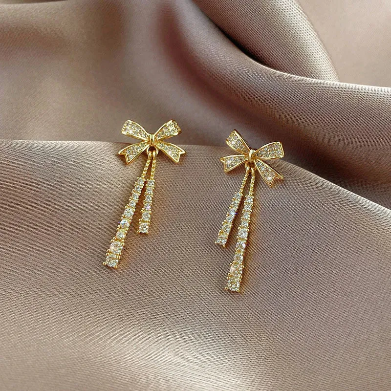 Trendy Bow Crystal Luxury Sparkling Cubic Zirconia Long Korean Earring