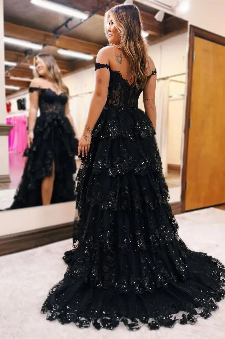 Tulle Appliques Off-the-Shoulder Ruffle Long Prom Dress       fg4747