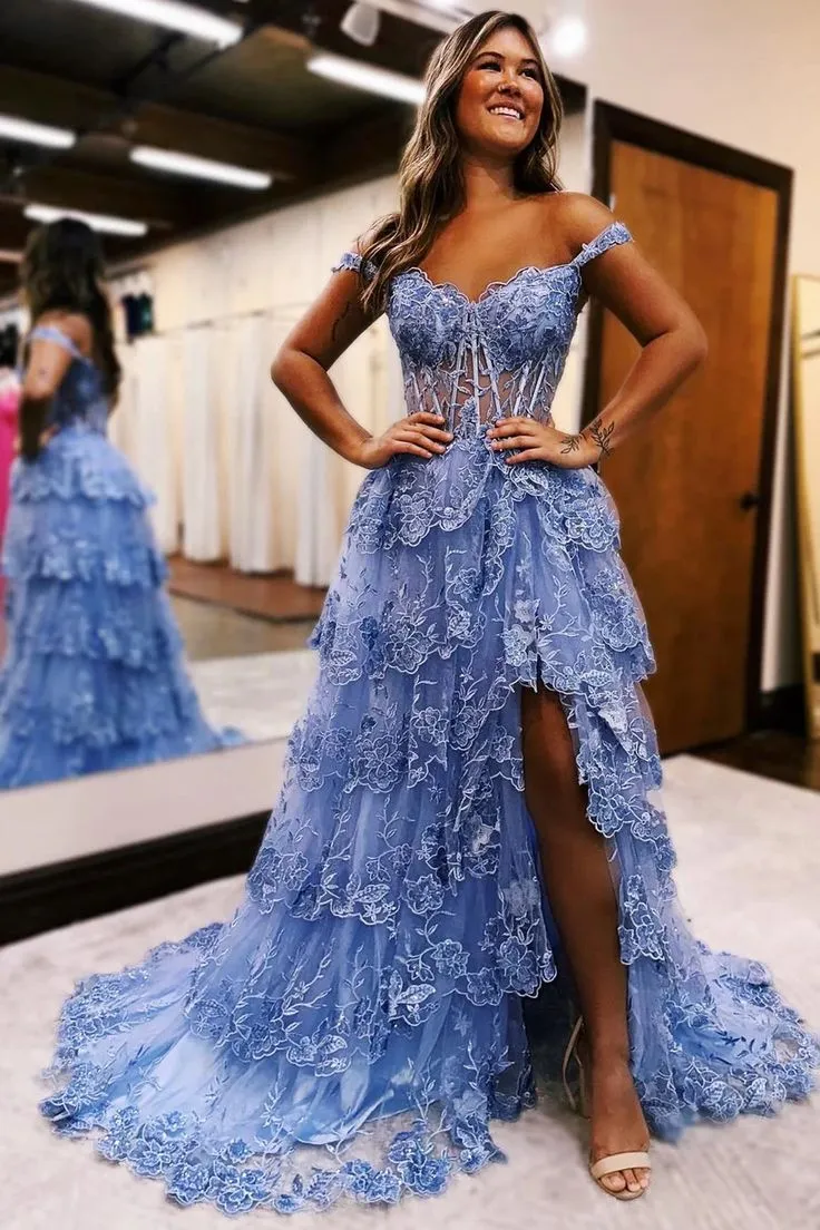 Tulle Appliques Off-the-Shoulder Ruffle Long Prom Dress       fg4747