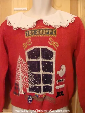 Ugly Christmas Sweater TOY SHOP 80s wIth Lace Collar