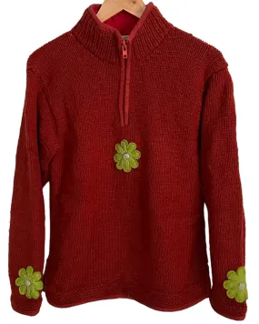 Warm Autumn Rust Zip Flower Pullover Sweater