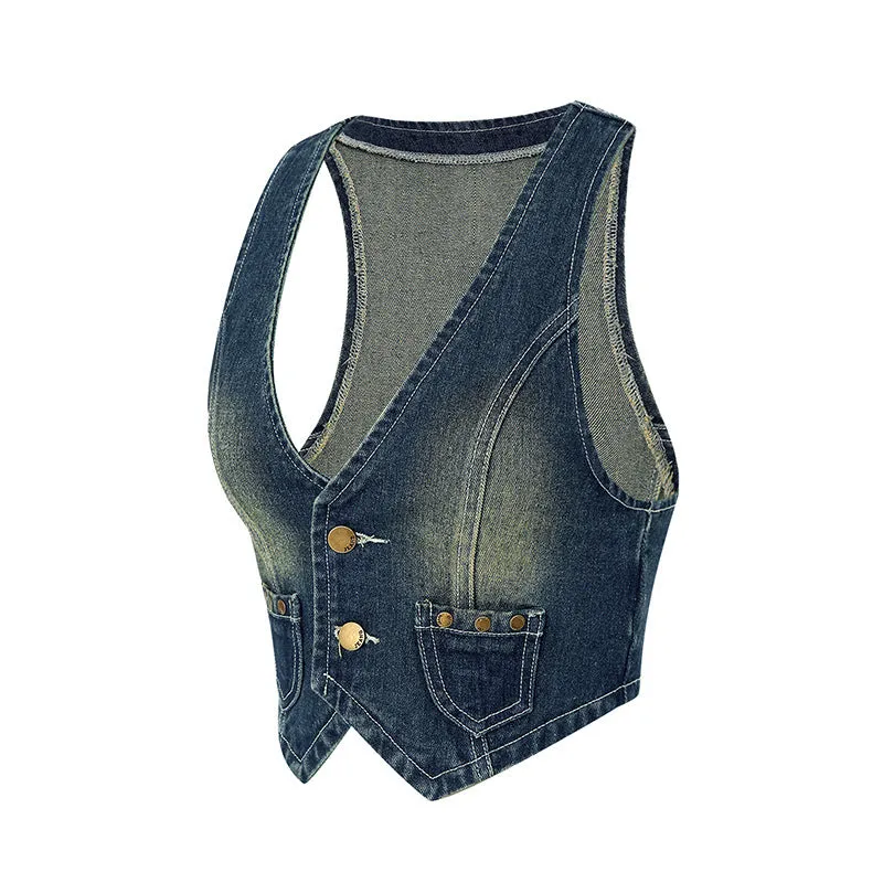 Wenkouban fashion outfits Fashion Retro Denim Vest for Women