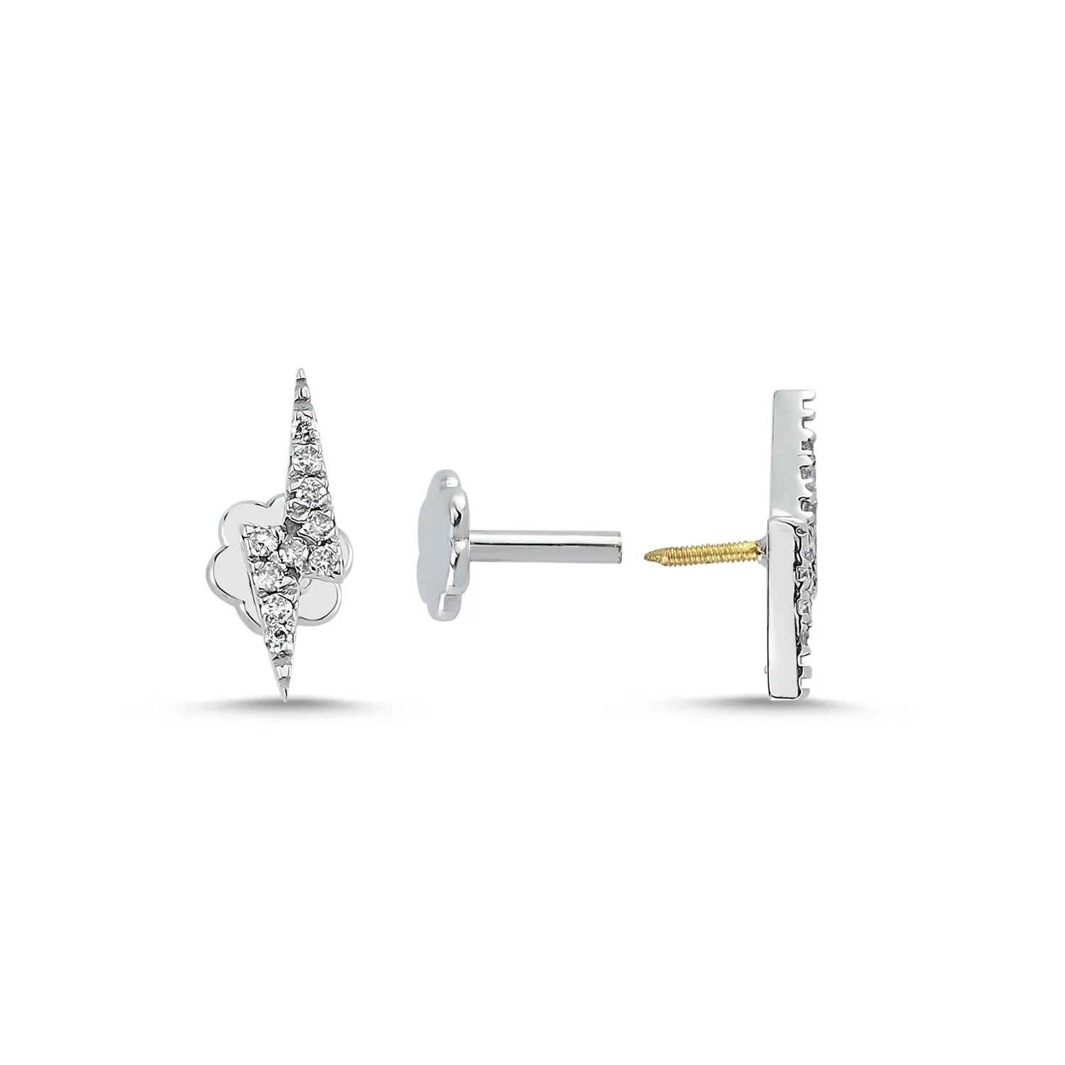 White 14K Gold  CZ Lightening Bolt Scew Back Earring