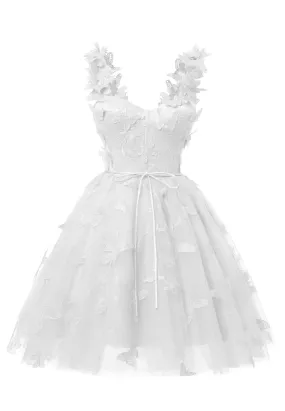 White 3D Butterfly Lace Applique Tulle Homecoming Dress for Teens Sweetheart Mini Short Prom Dresses