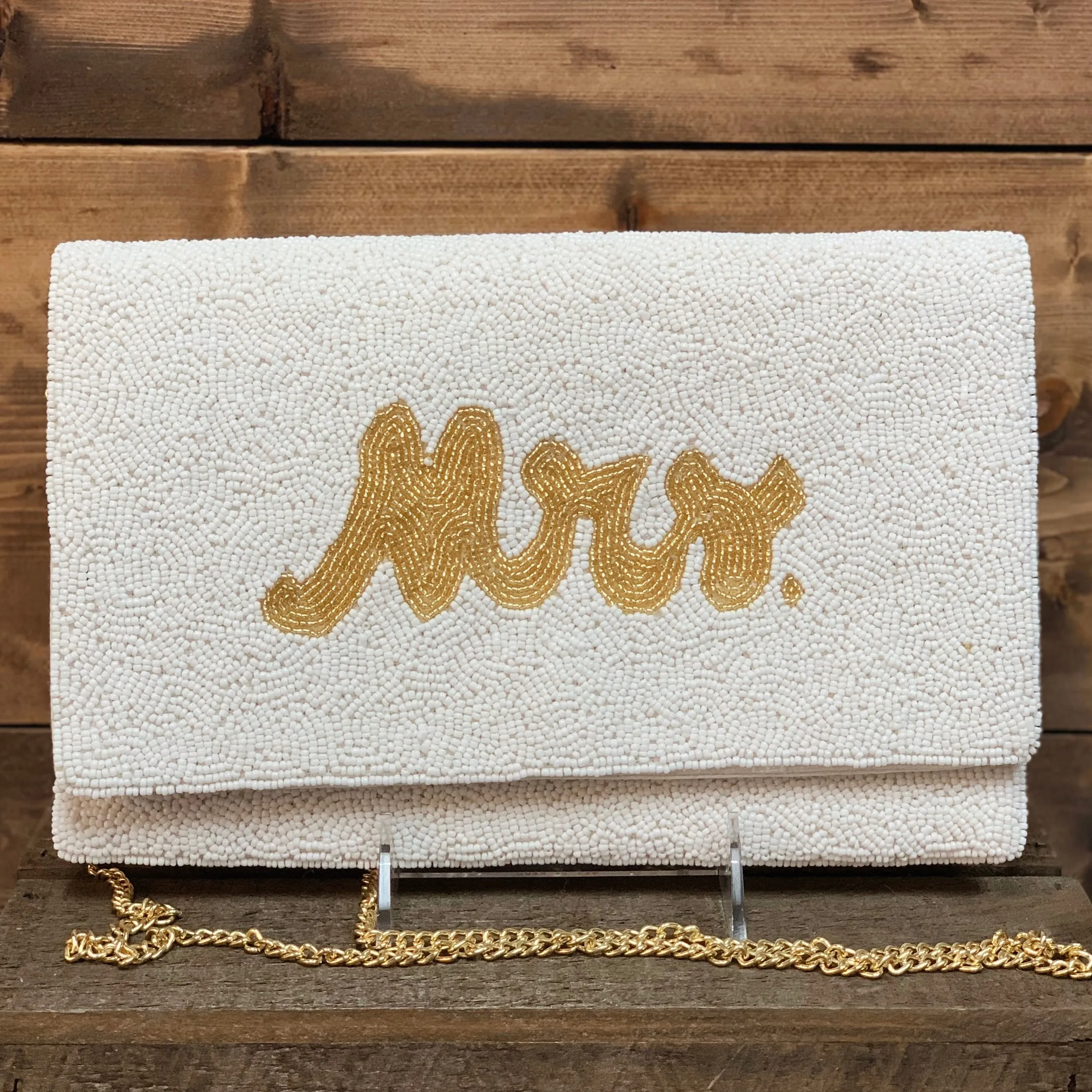 white beaded mrs clutch