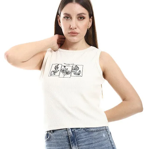 White Crop Top With Graphic Print Sleeveless