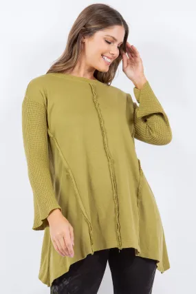 Willow Green French Terry Waffle Knit Sleeves Raw Edge Sweater