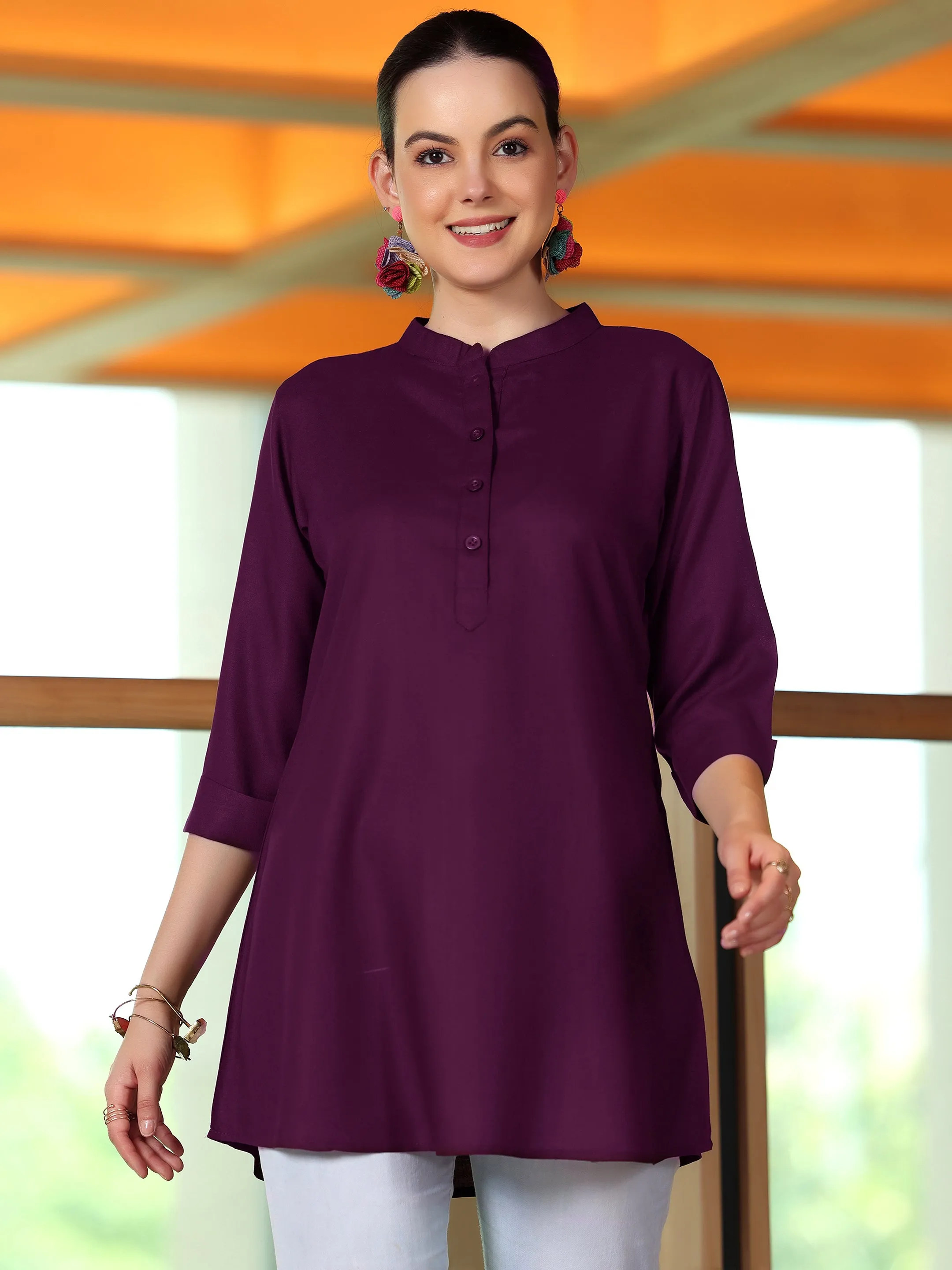 Wine Solid Rayon Straight Tunic