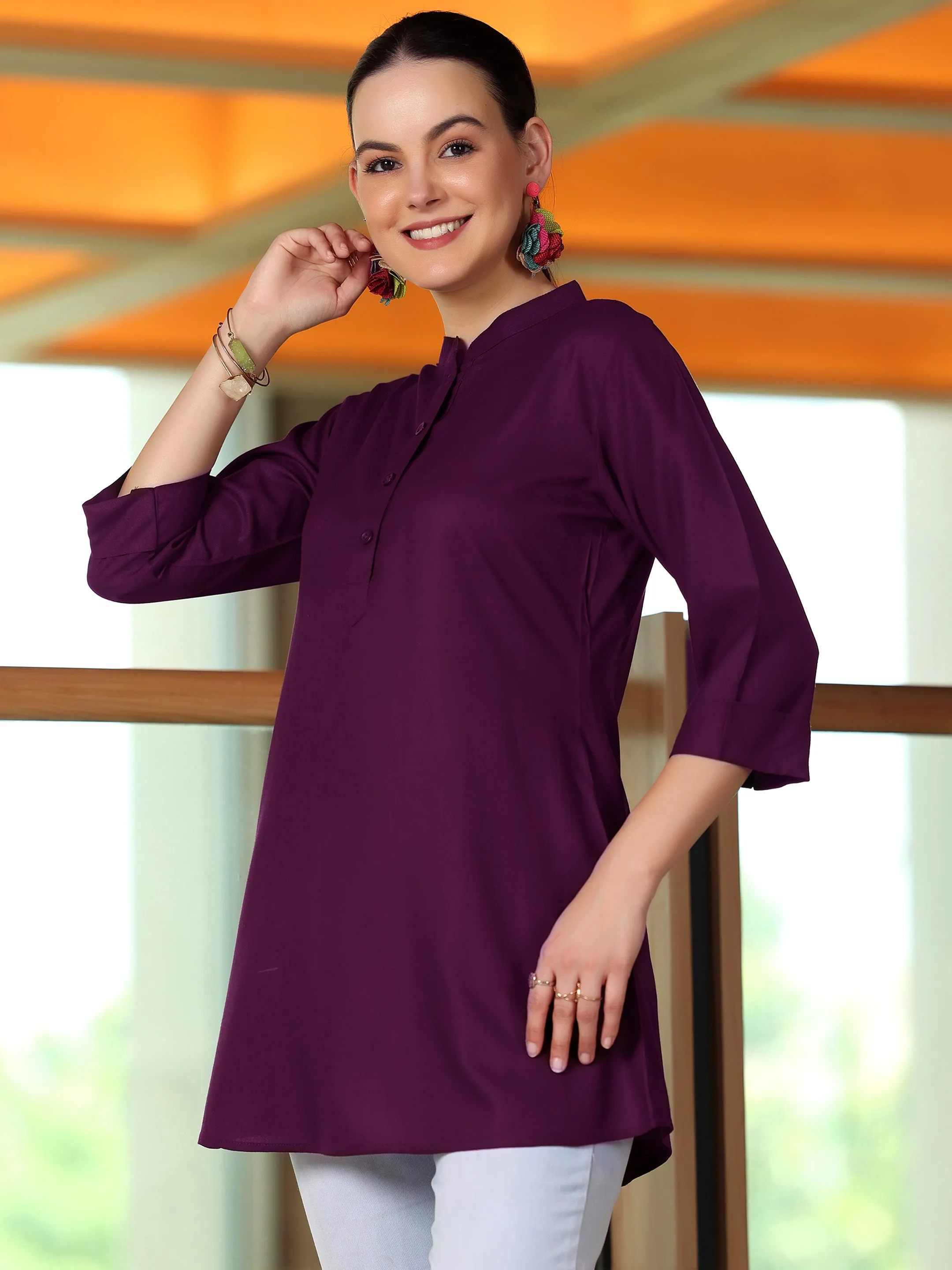 Wine Solid Rayon Straight Tunic