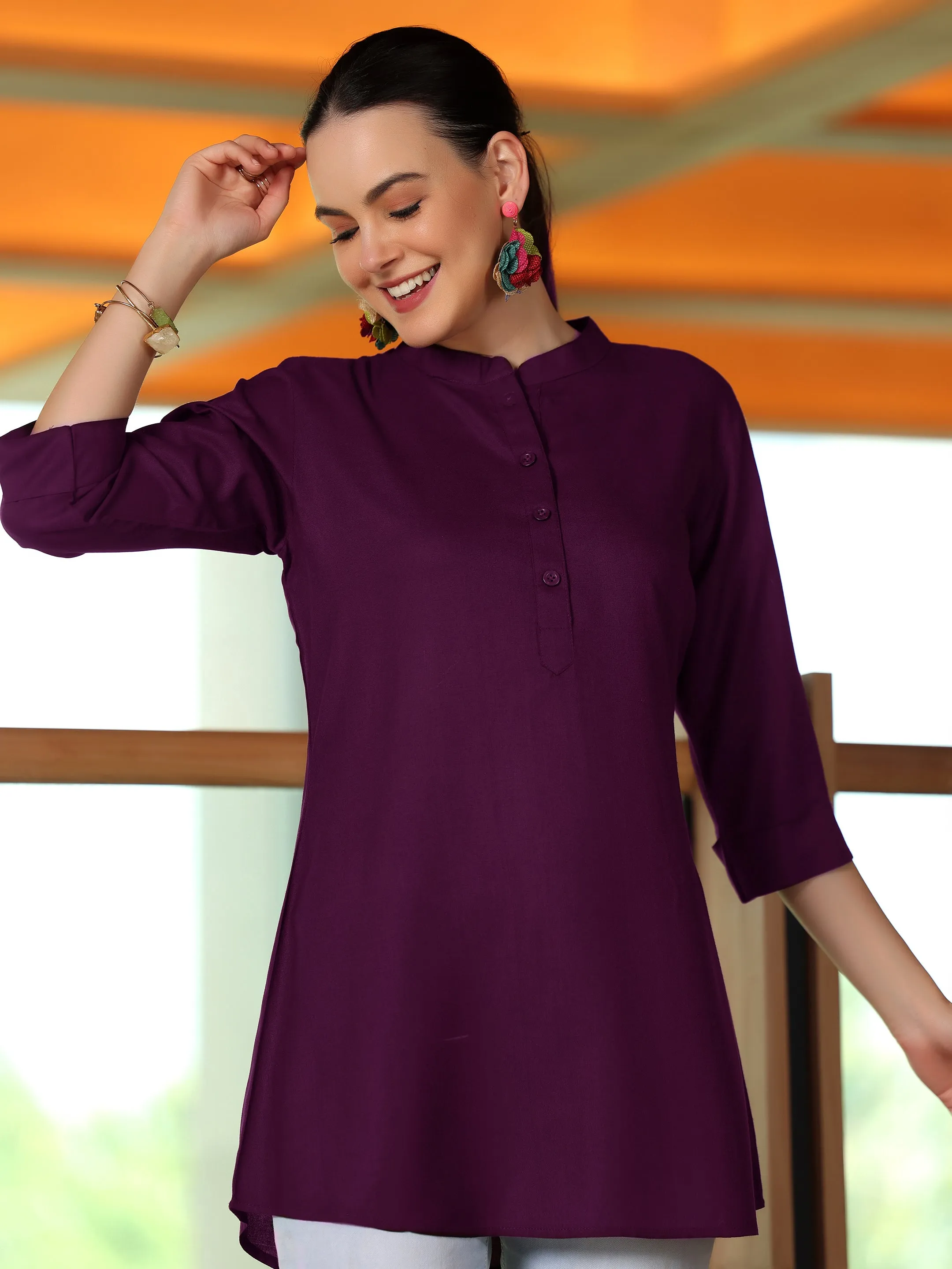 Wine Solid Rayon Straight Tunic