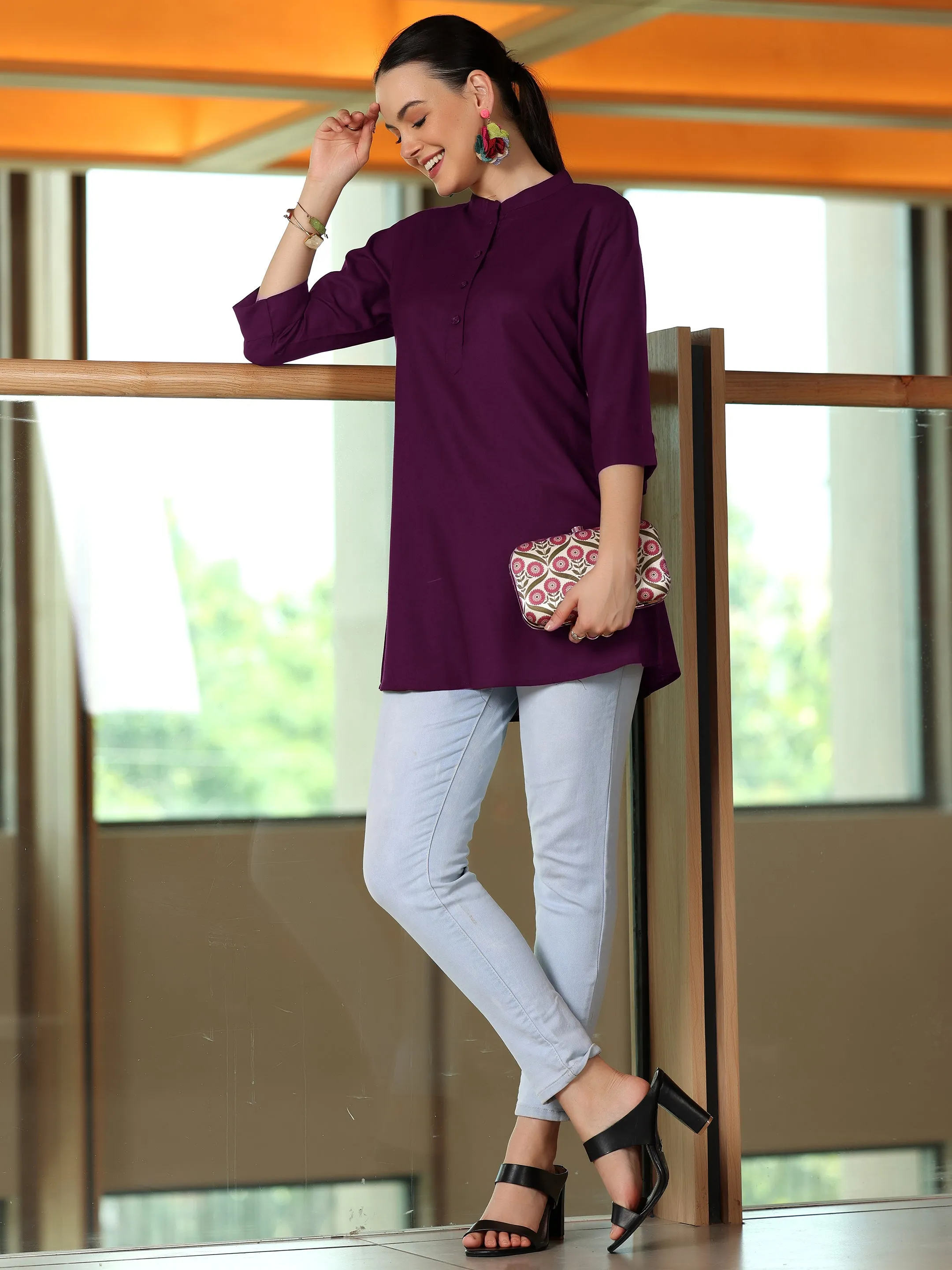 Wine Solid Rayon Straight Tunic