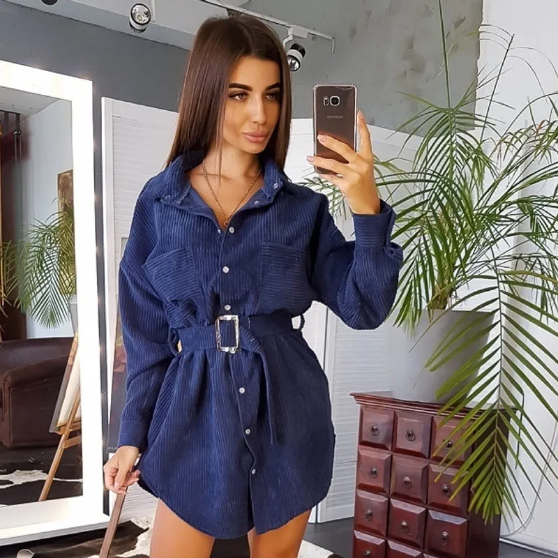 Women Winter Belt Straight Mini Dress Ladies Long Sleeve Turn Down Collar Party Dress 2019 Solid Vintage