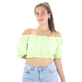 Women's Embroidered Off Shoulder Crop Top,Pistache