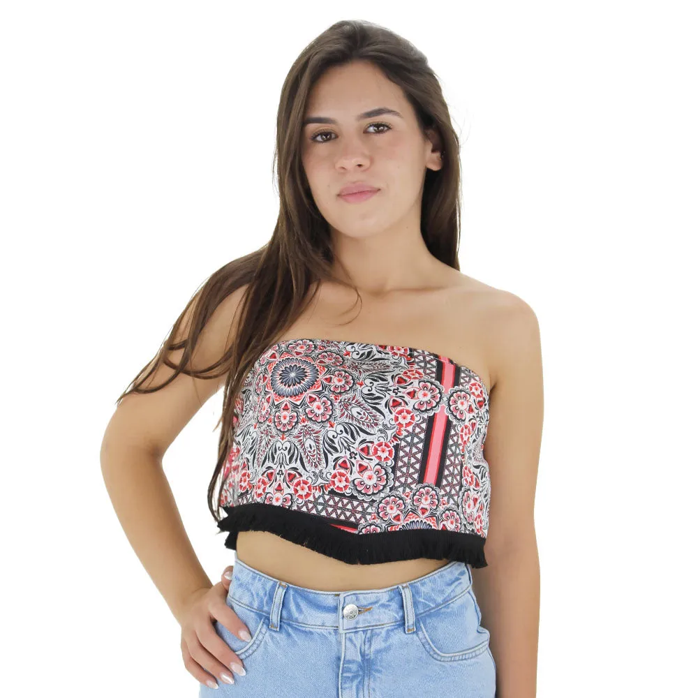 Women's Printed Crop Top With Tassel Fri,Multi