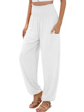 Women's Wide Smocked Waistband Pants - Solid Wide-Leg Trousers